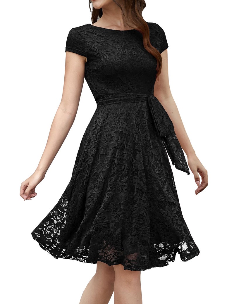MUADRESS Women Cap-Sleeve Lace Floral Elegant Cocktail Dress Crew Neck Knee Length Bridesmaid Prom Dresses for Party Black S - Image 1
